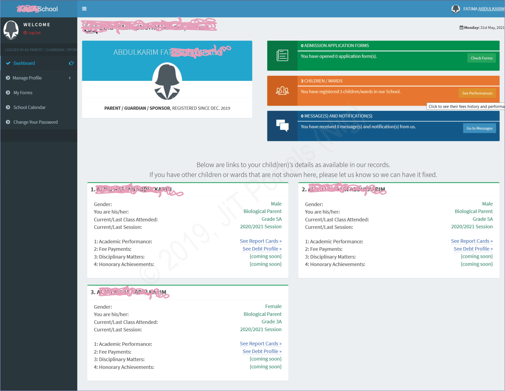 ATLANTIS parents/guardians dashboard